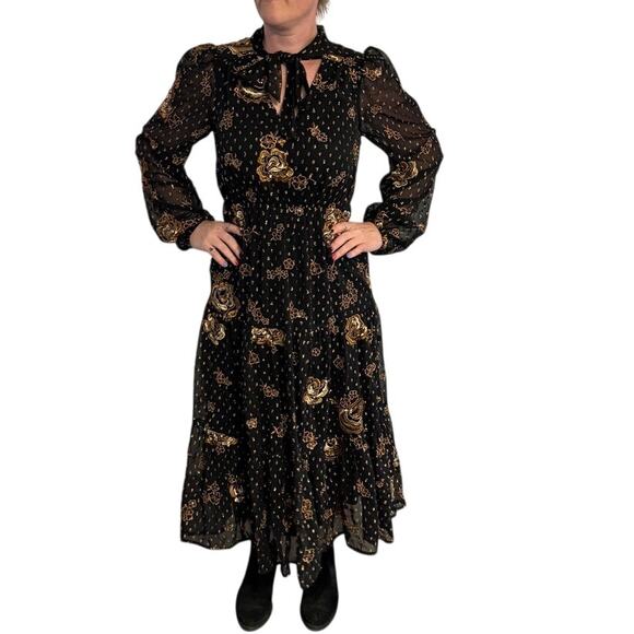 Express Black & Gold Floral Embroidered Long Sleeve Midi Dress with Neck Tie. - Picture 1 of 16